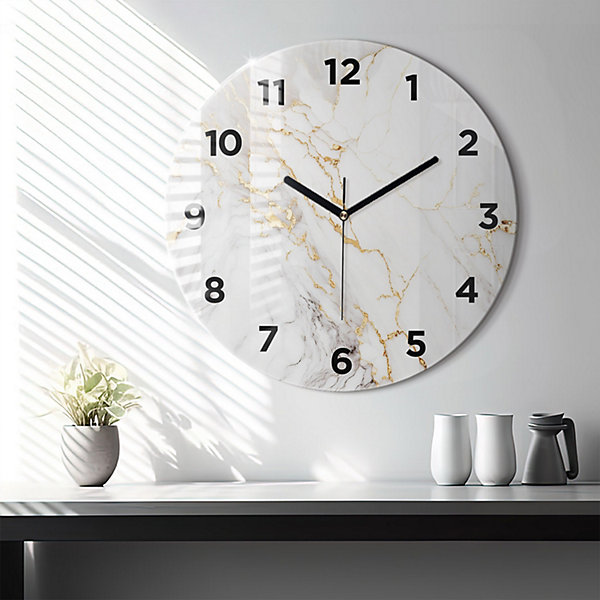 Horloge murale Wallfluent fi60 cm Avec chiffres Aiguilles noires Marbre décoratif 1 pcs