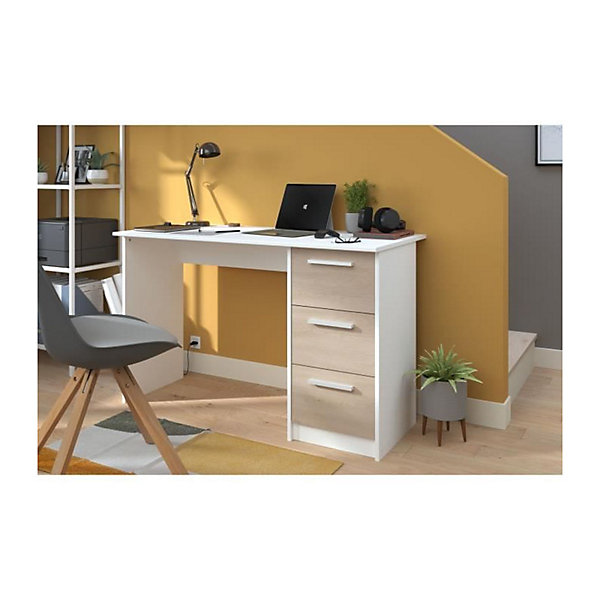 Bureau ESSENTIEL PARISOT 3 tiroirs - Décor chene et blanc - L 121,2 x P 55 x H 74,5 cm - Fabriqué en France