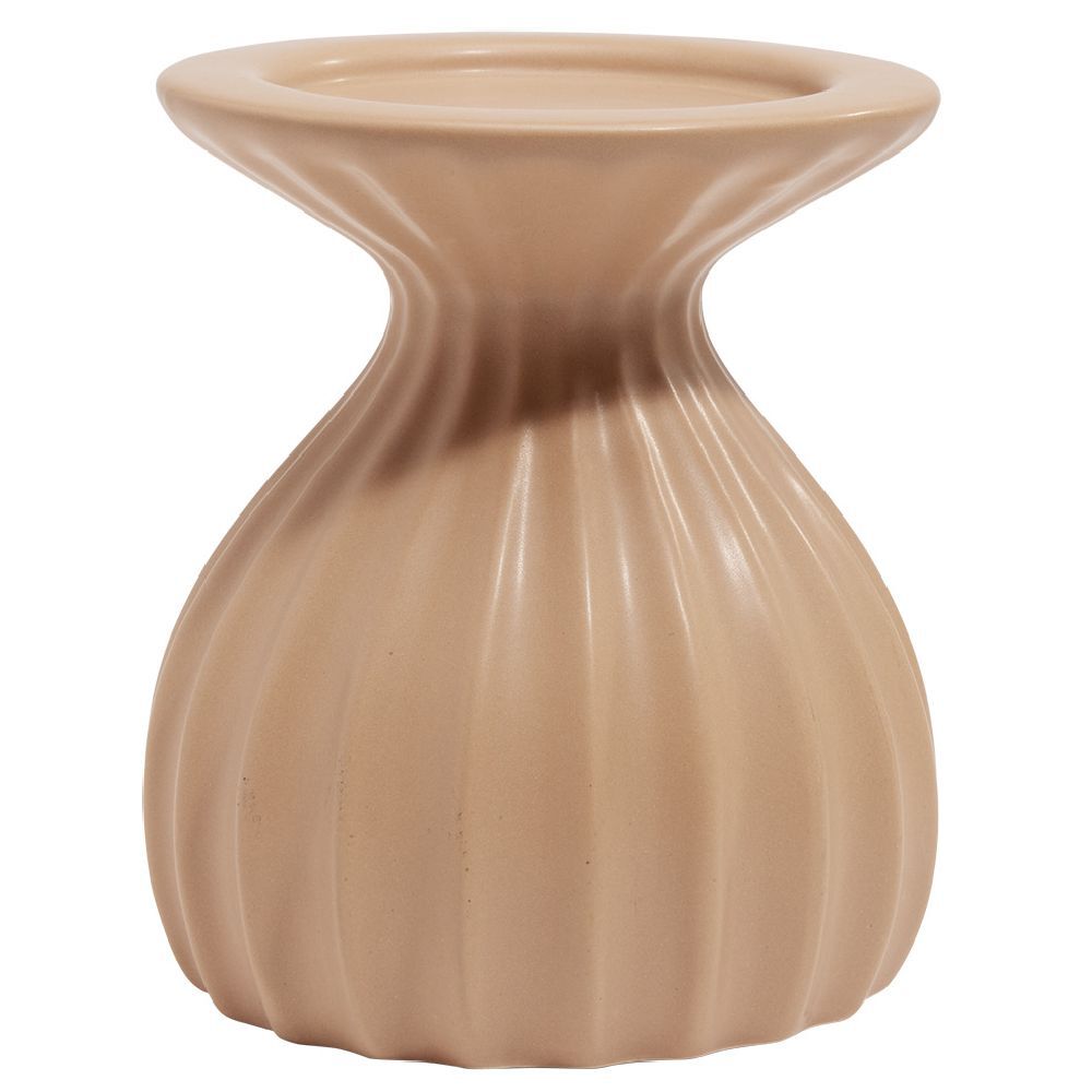 Bougeoir rond strie relief céramique marron - Ø12xH13cm