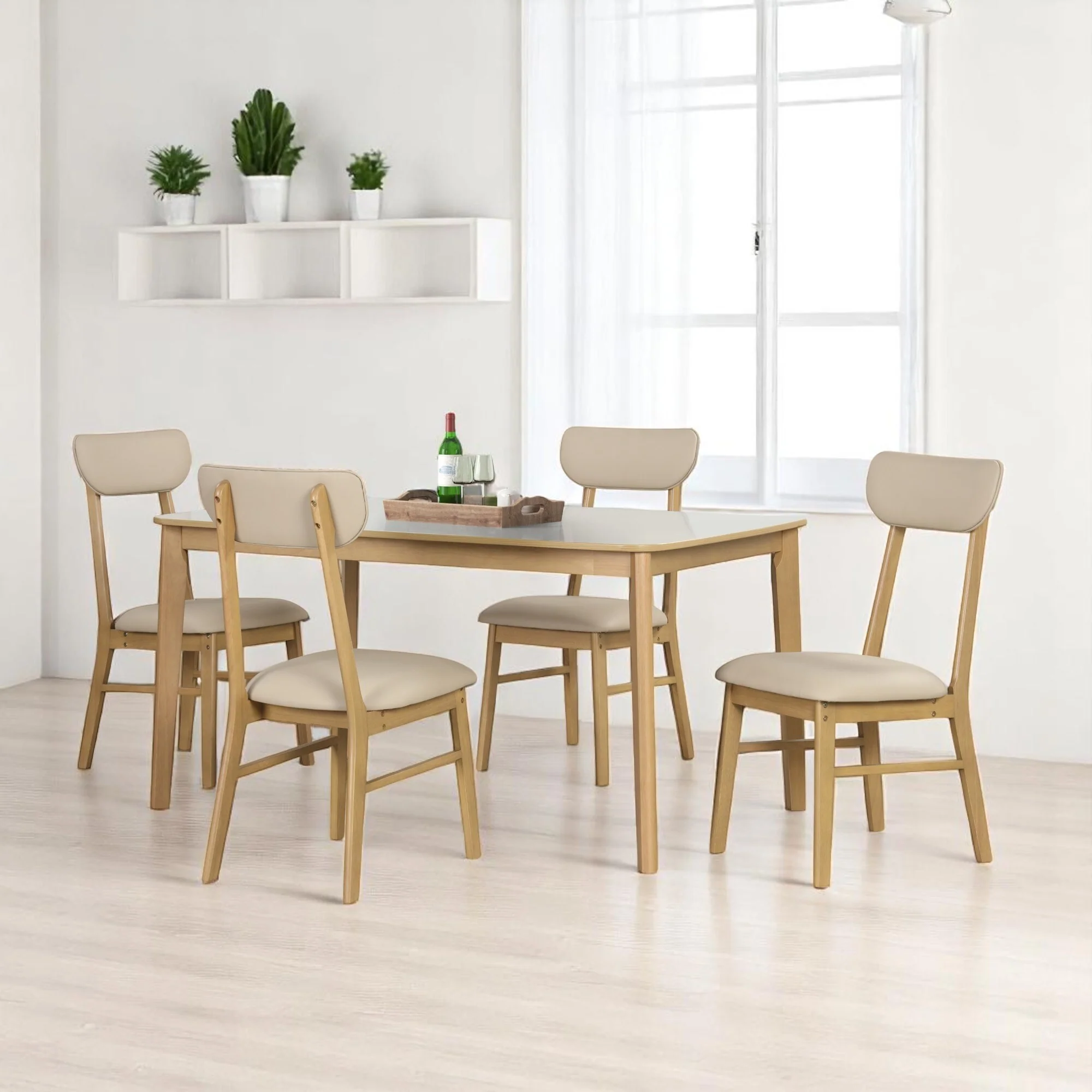 6-Piece Dining Table Set with Bench and 4 Upholstered Chairs, 60 Rectangular Rubberwood Table with PU Leather Seats
