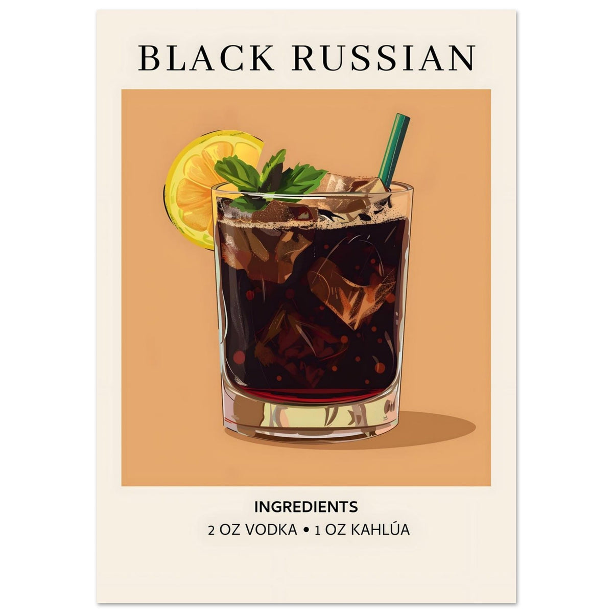 Artfulprints Poster Black Russian cocktail - Ingrediënten  - A4 21x29.7 cm - Bruin