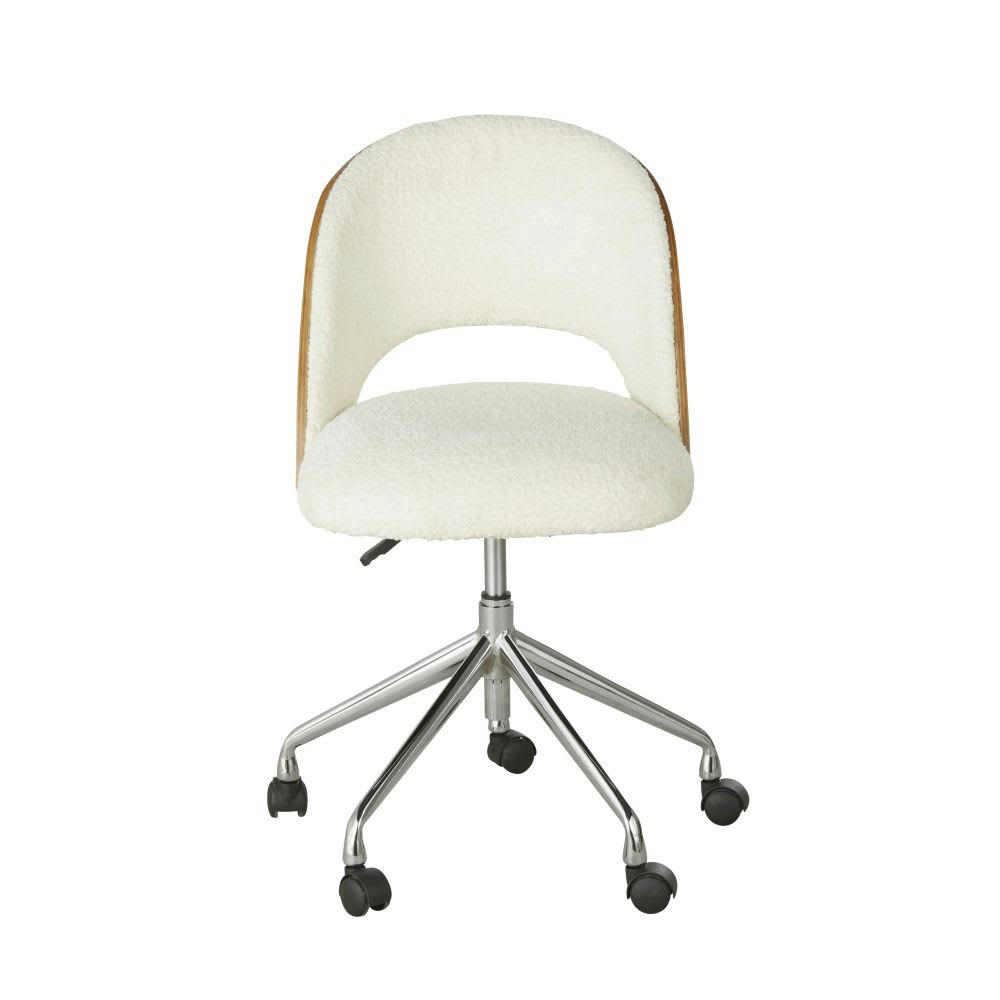 Sysley - Chaise de bureau réglable à roulettes tissu écru effet laine bouclée
