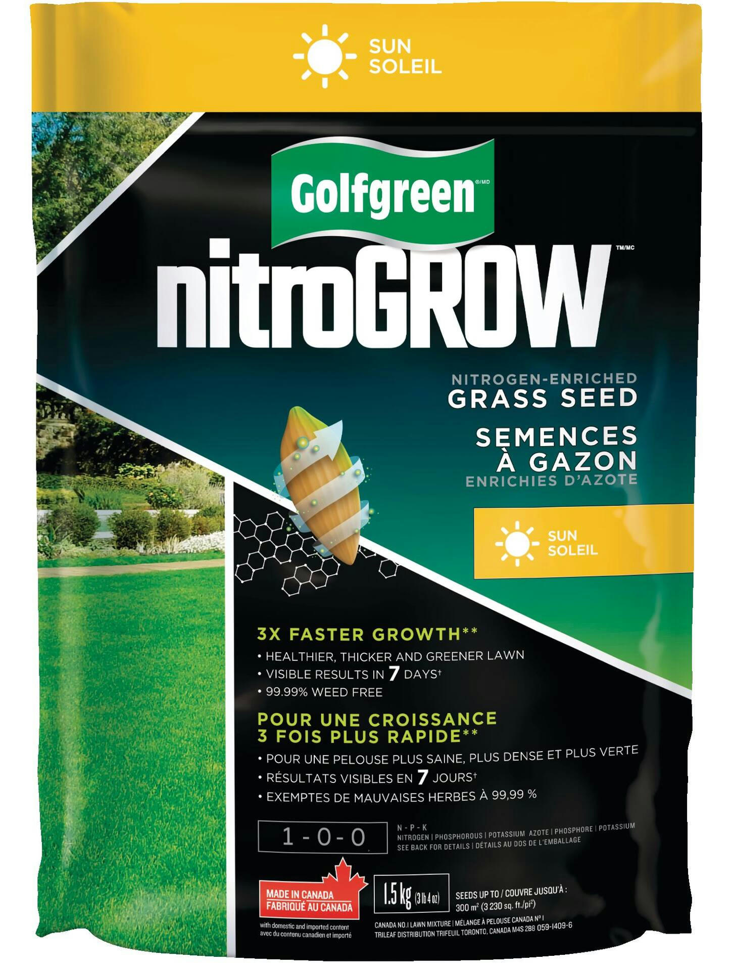 Golfgreen NitroGROW Sun Nitrogen-Enriched Grass Seed & Fertilizer Mix, 1-0-0, 1.5-kg
