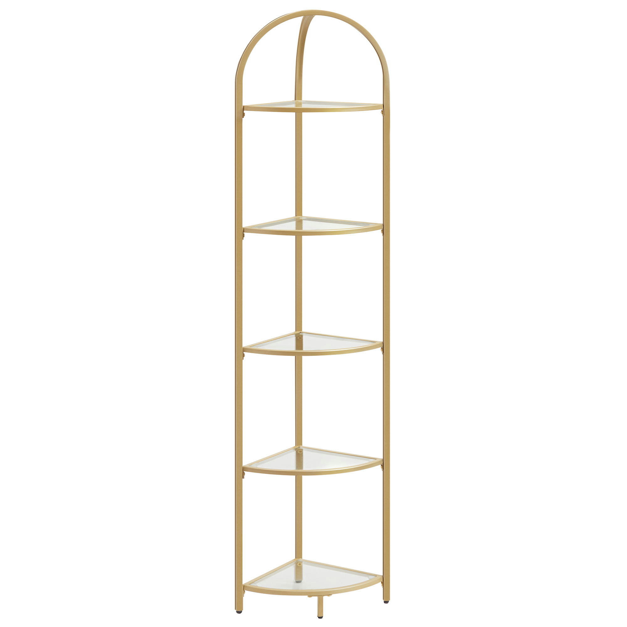 - Étagère d’angle à 5 niveaux en verre trempé doré métallique