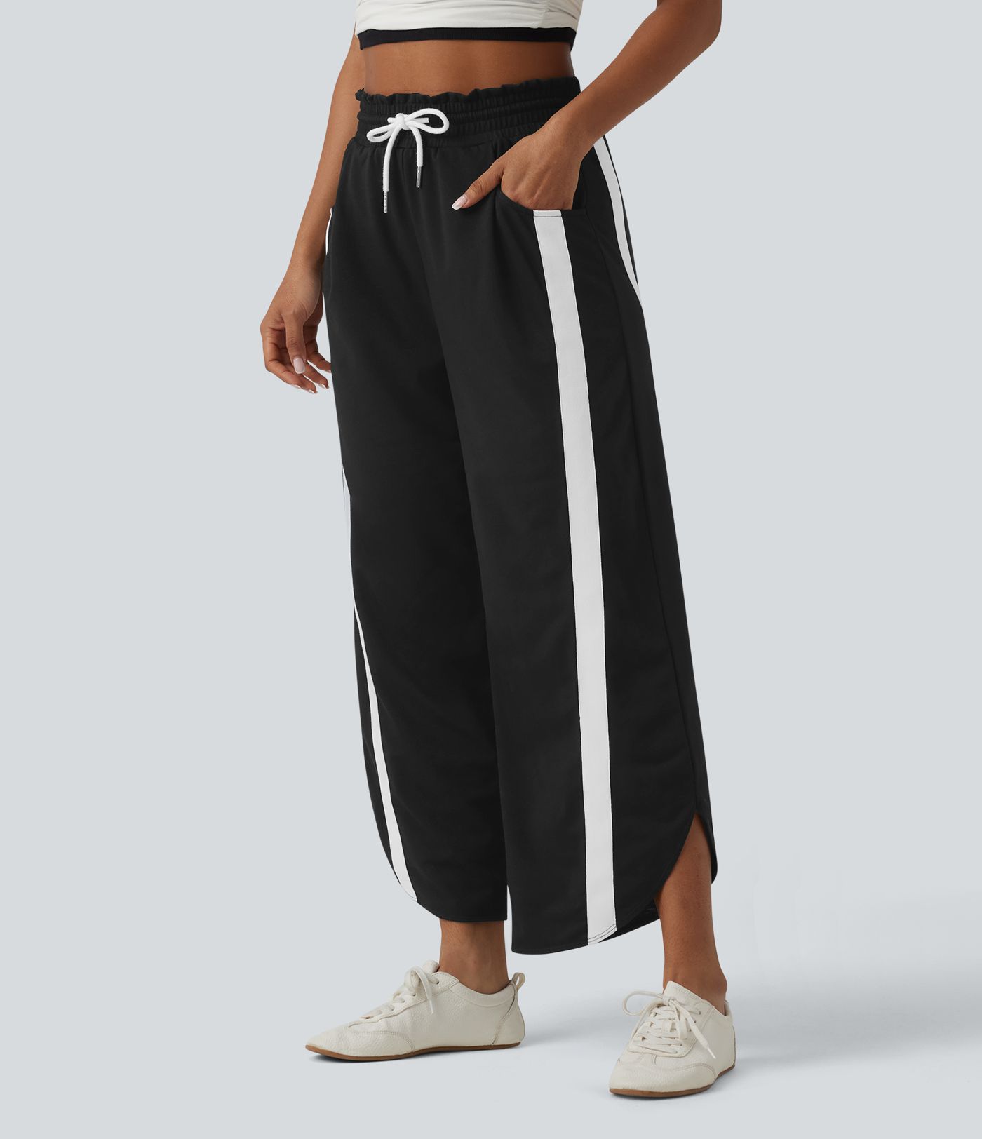 Pantalon de jogging casual large color block taille haute avec cordon de serrage, ourlet courbe et poches