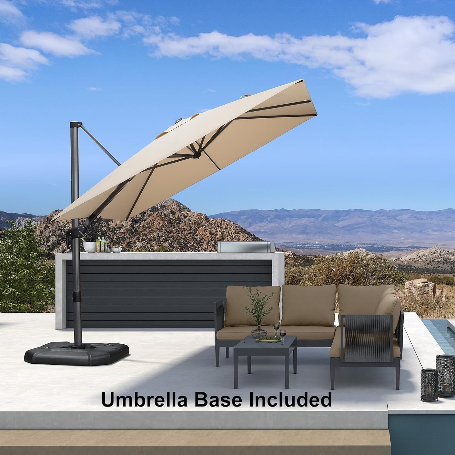 PURPLE LEAF 8.8' X 8.8' Right-left Tilt Patio Umbrella with Base Outdoor Cantilever Swivel Square Umbrella with Tilt Aluminum Offset Umbrella with 360-degree Rotation for Garden Deck Pool Patio Beige