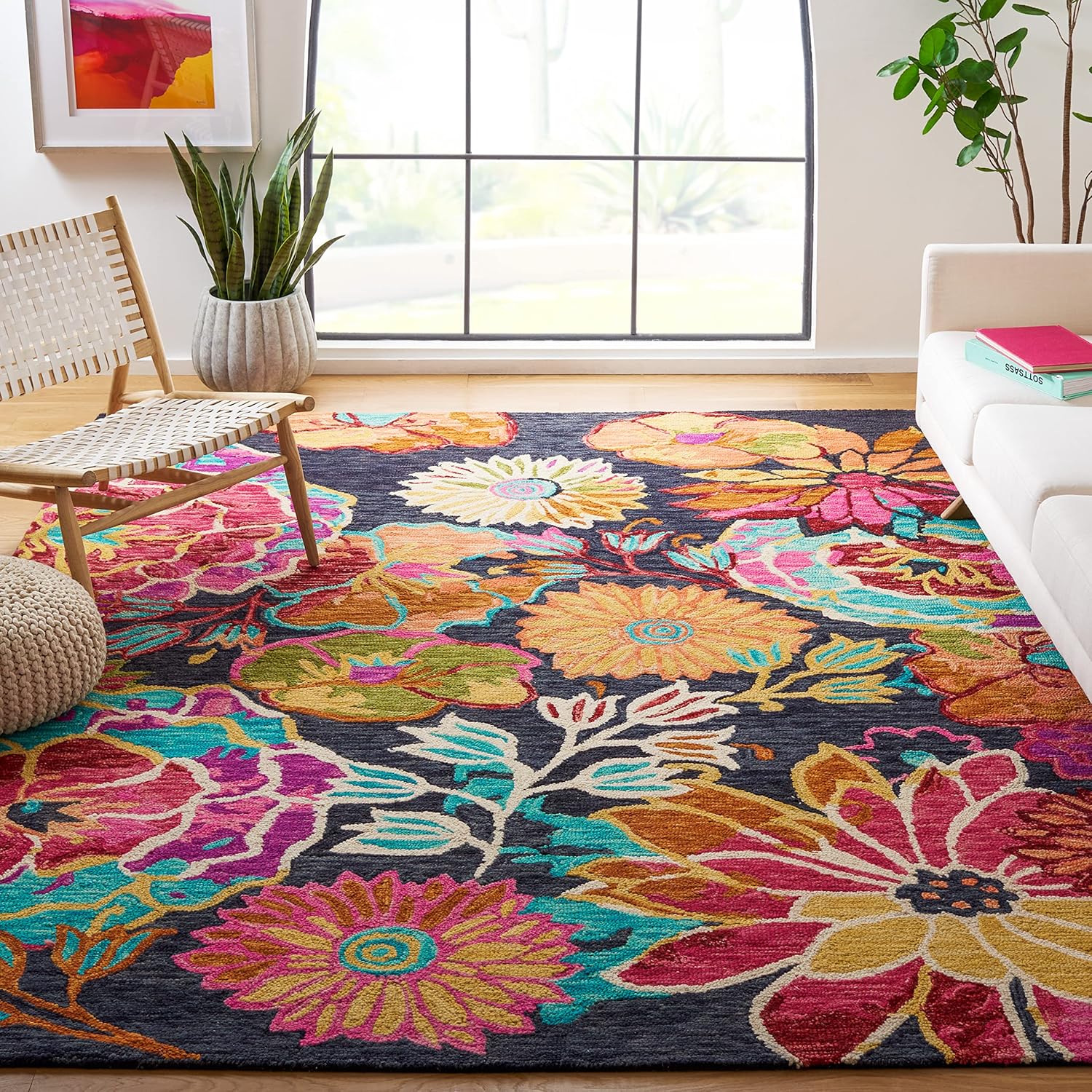 SAFAVIEH Aspen Collection Area Rug - 9' x 12', Charcoal & Blue, Handmade Boho Floral Wool, Ideal for High Traffic Areas in Living Room, Bedroom (APN520H)