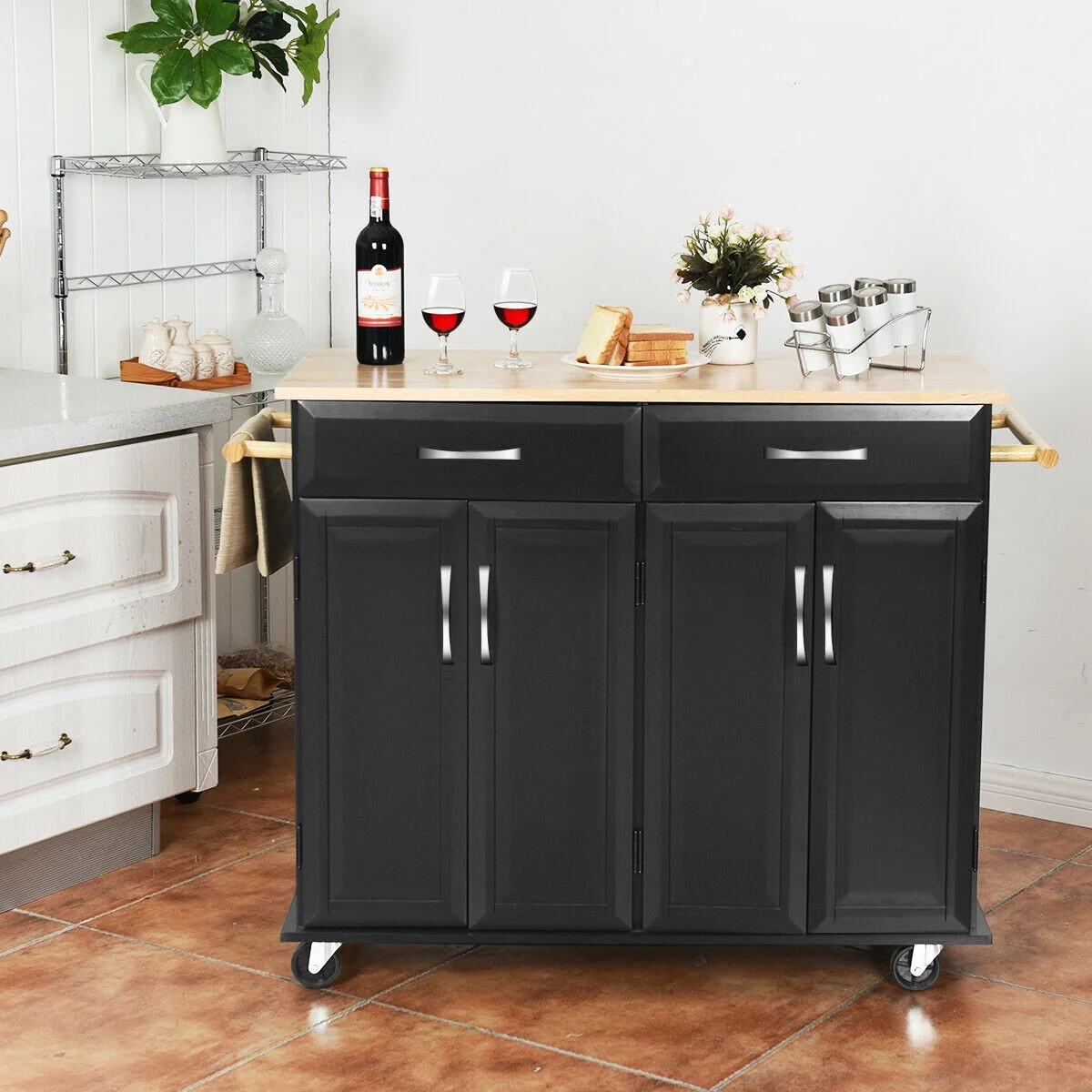 Costway Rolling Kitchen Trolley Island Black Cart Wood Top Storage