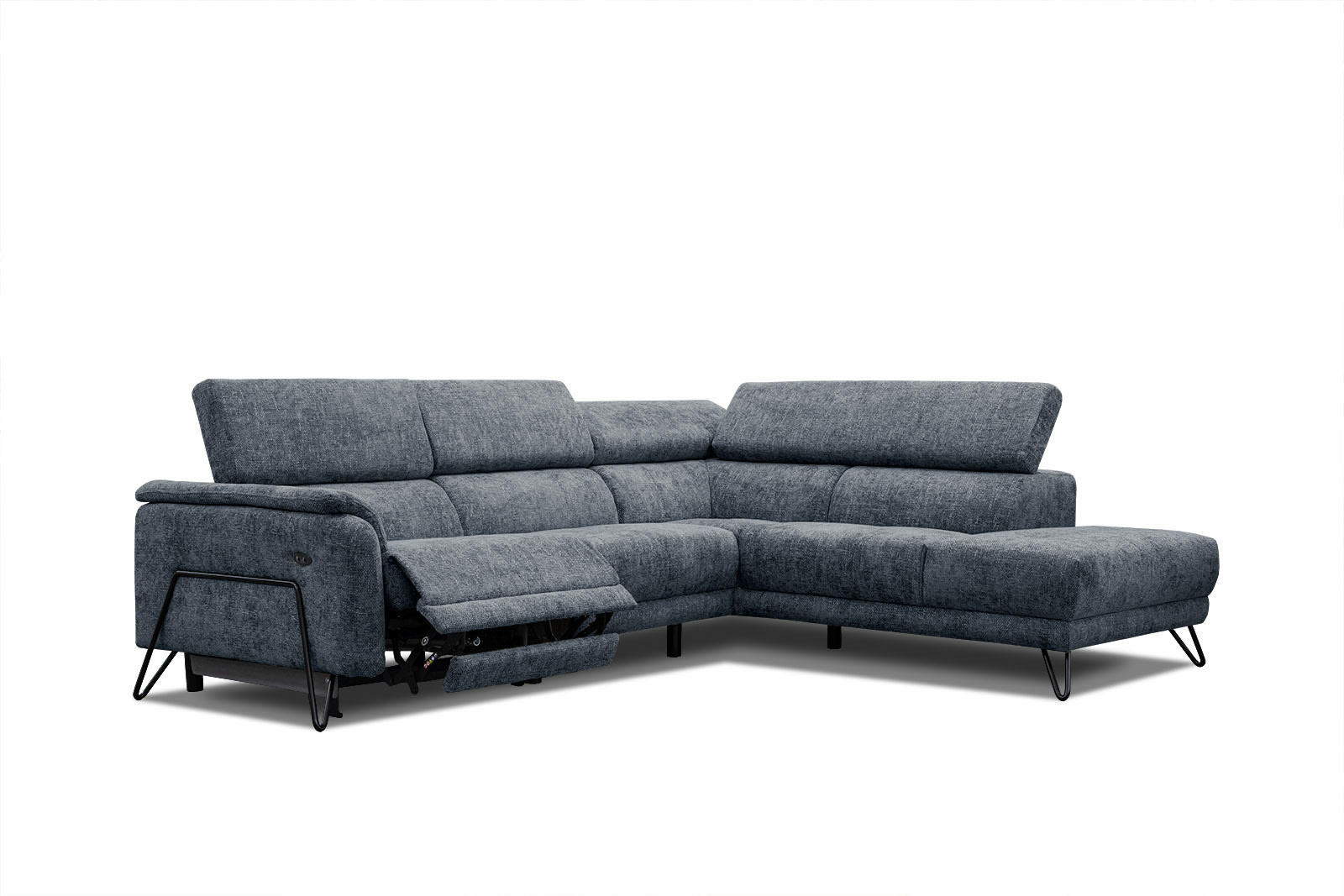 RODEN - Canapé d'angle droit 5 places avec relax électrique tissu bleu marine