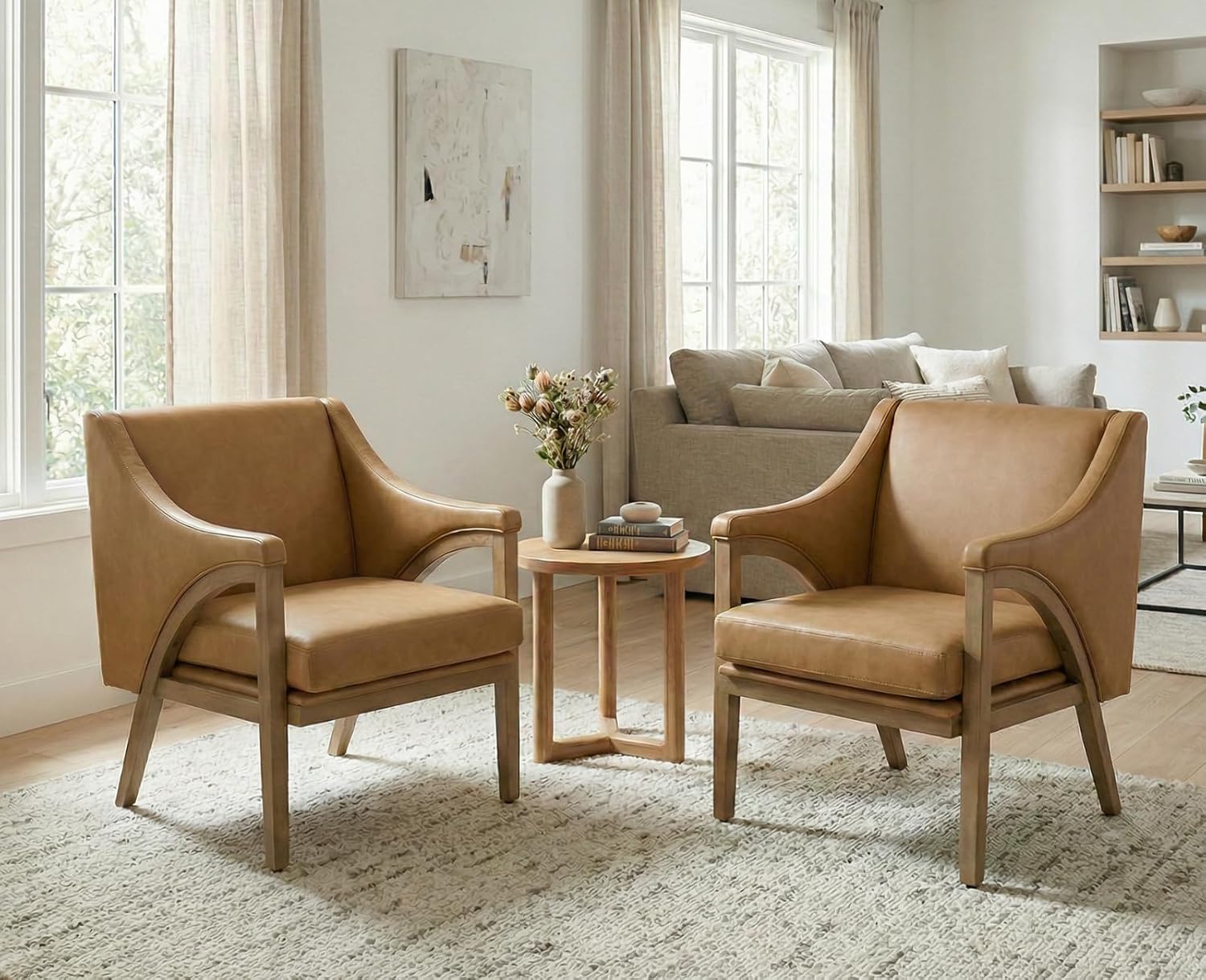 Mid Century Modern Accent Chairs Set of 2 with Barrel Back, Upholstered Armchair Comfy Reading Chairs with 4 Thick Cushion, Solid Wood Legs for Living Room/Bedroom/Reading Corner, PU Fabric, Brown