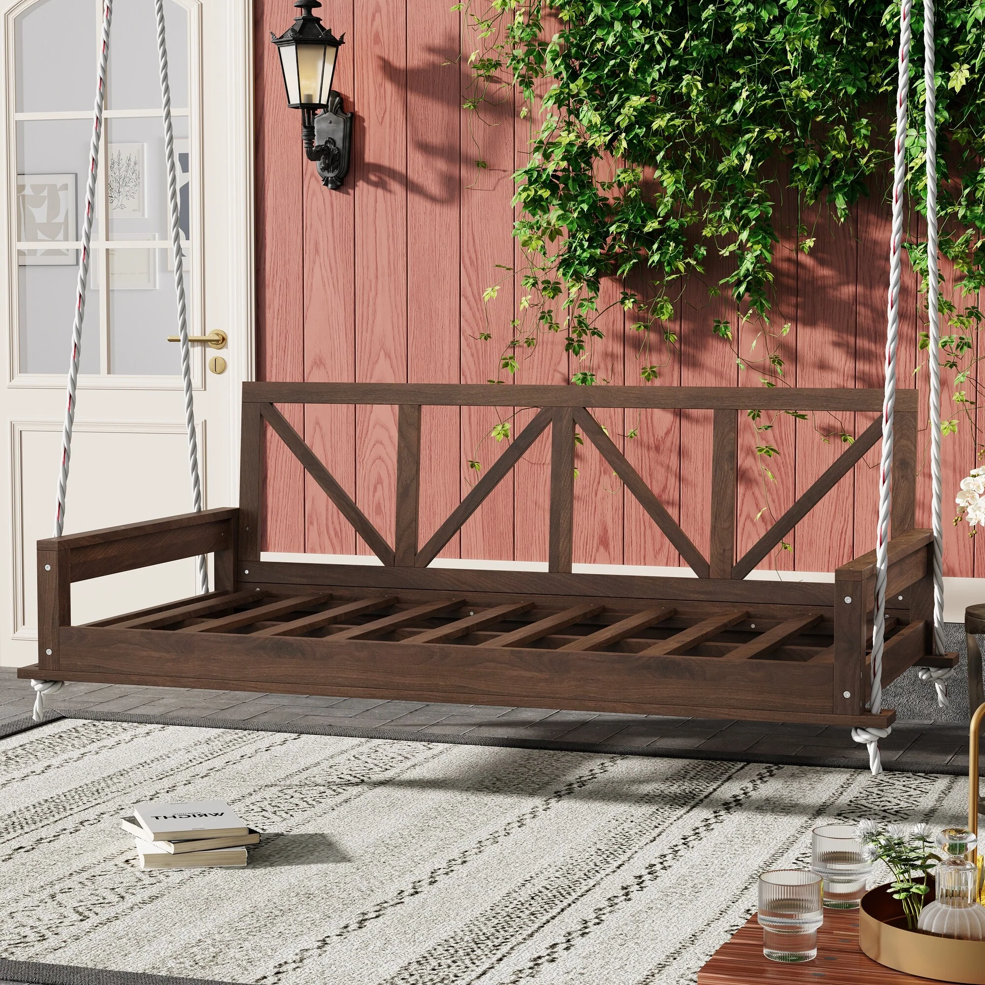 Wood Twin Size Patio Hanging Swing with Hemp Ropes (No Cushion,Pillow)