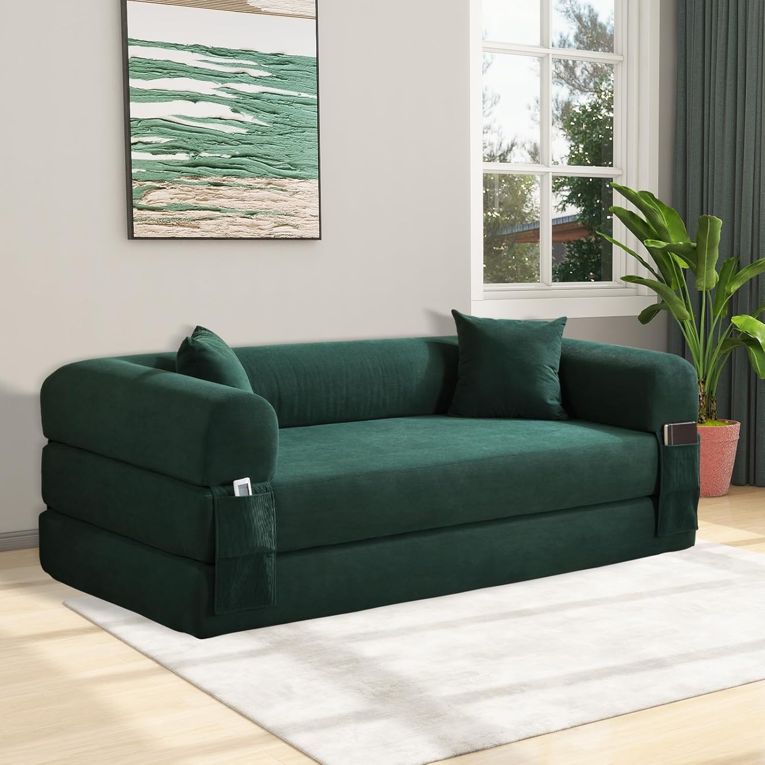 4-in-1 Folding Convertible Sofa Bed, 80 Inch Corduroy Upholstered Boneless Couch, Loveseat Sleeper with Pull Out Bed, Floor Sofa Modular Futon Teddy Sofa for Living Room Bedroom Lounge, Deep Green