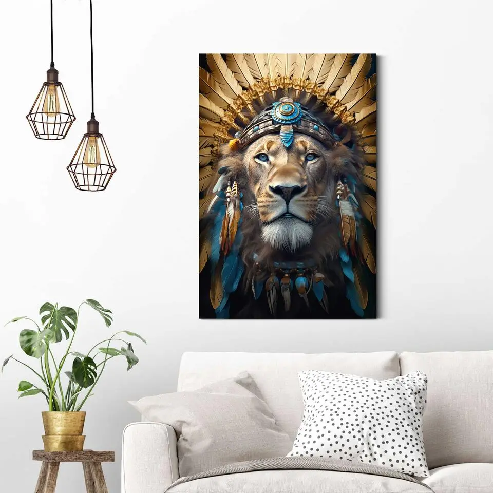 Schilderij Ornament Lion - 90 x 60 - Blauw