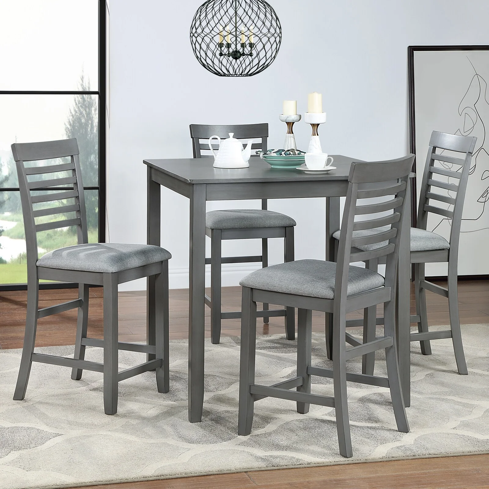 5 Piece Counter Height Dining Table Set, Square Kitchen Table w/4 Upholstered Ladder Back Chairs, for Small Space, Dining Room