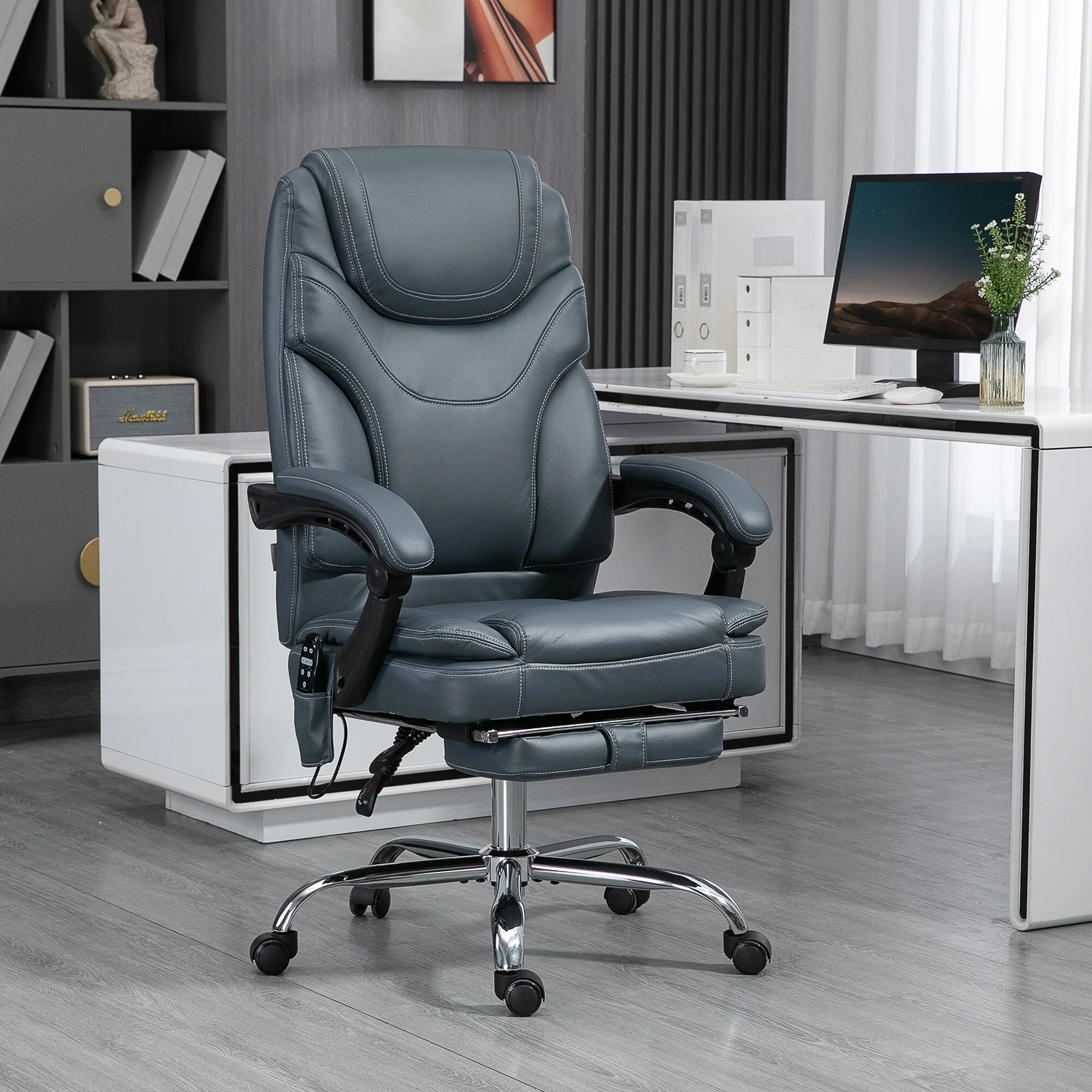 Gray PU Leather 360° Swivel Office Recliner with Vibration Massage, Lumbar Heating, Footrest, Adjustable Height