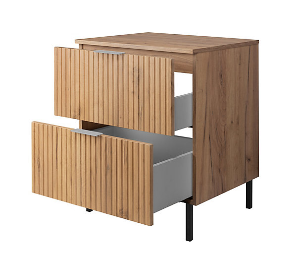 Meuble vasque, chêne craft, 60 x 77 x 46 cm, poignée argentée, pieds noirs   plan de travail