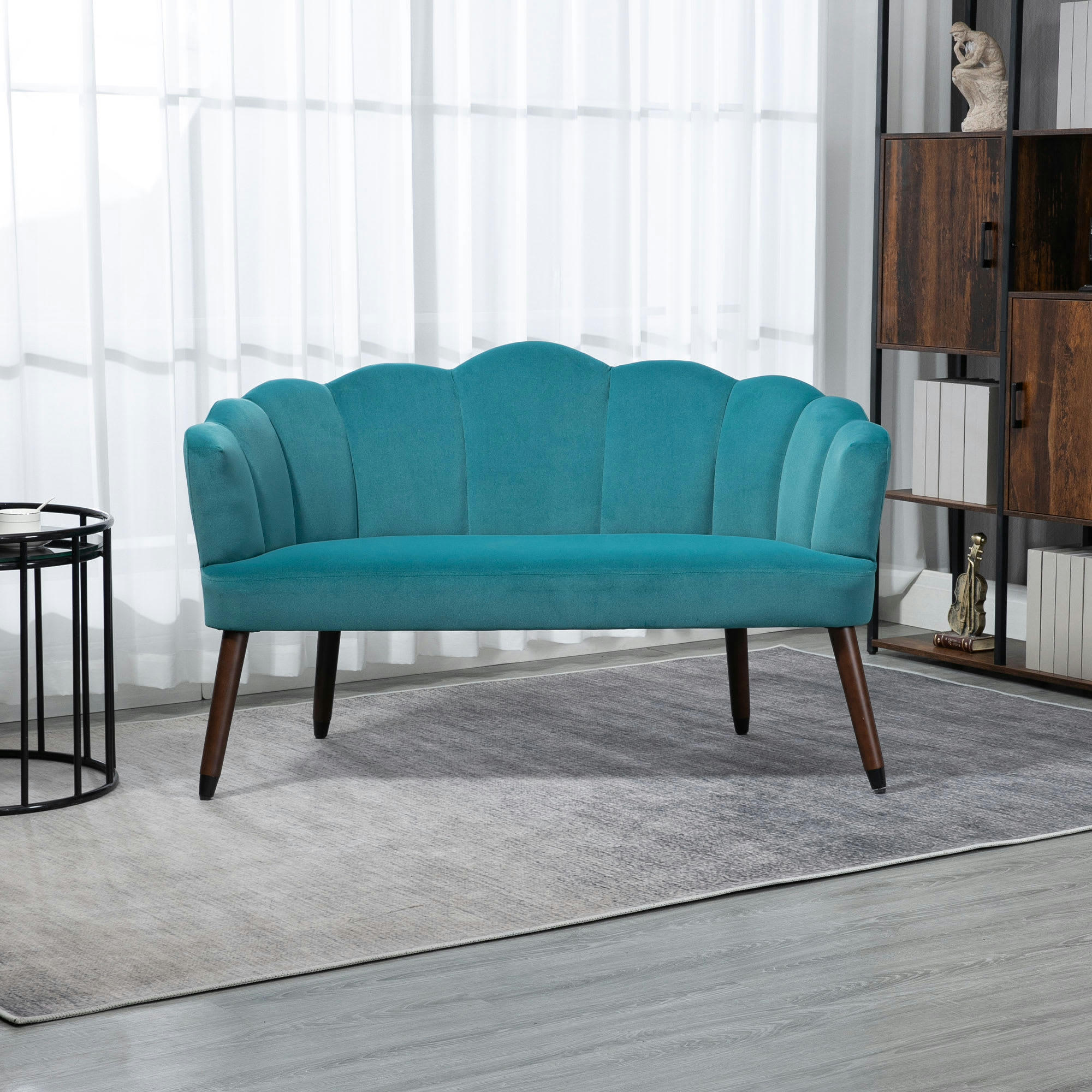 - Canapé 2 places design coquillage piètement bois velours bleu canard