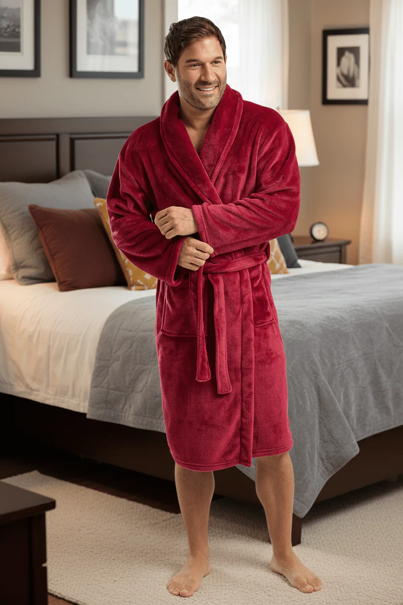 Men's Burgundy Collared Fleece Robe