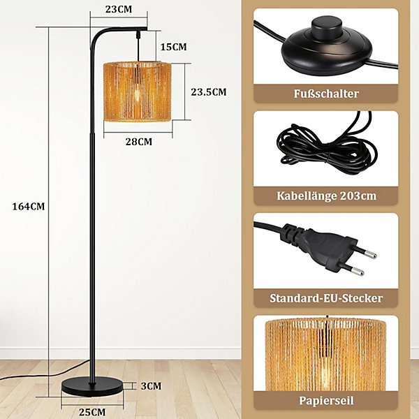 NETTLIFE Lampadaire Boho Arc Noir Abat-jour Corde, Lampe sur Pied Vintage E27, 164cm, Interrupteur à Pied