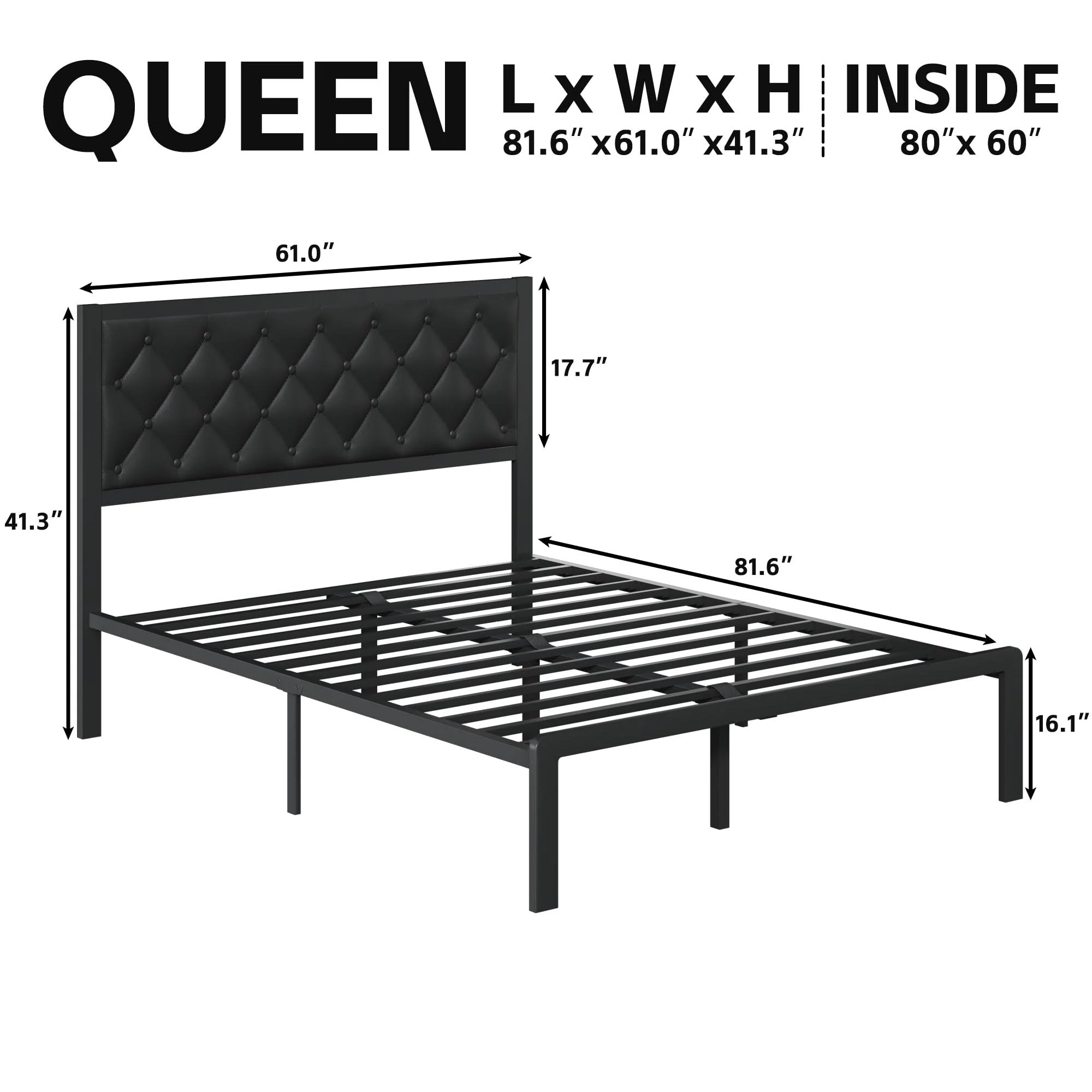 Queen Size Platform Bed Frame with PU Leather Headboard Metal Slats Storage Space Easy Assembly No Box Spring