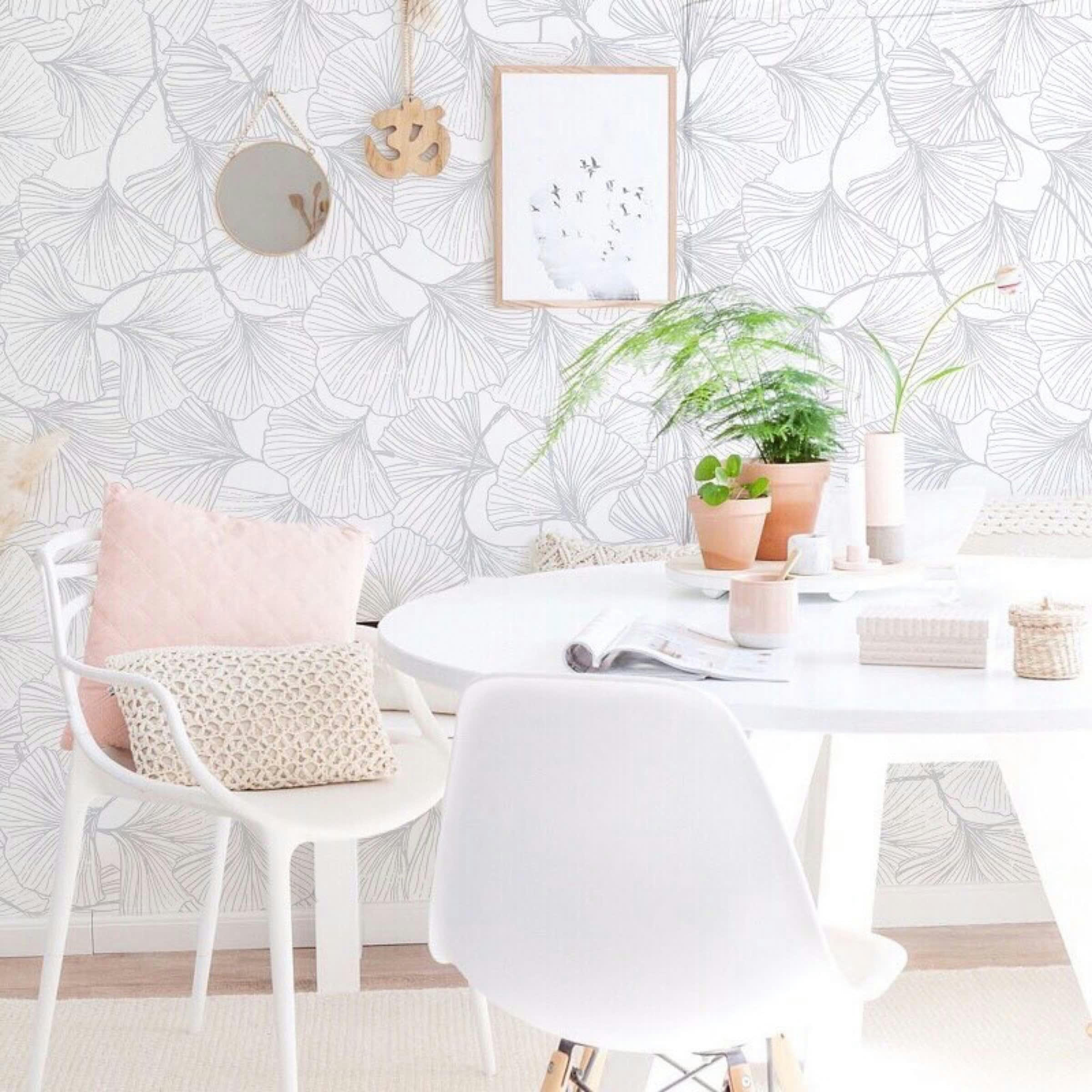 GINGKO - Papier peint vinyle adhésif gingko gris 50x300 cm