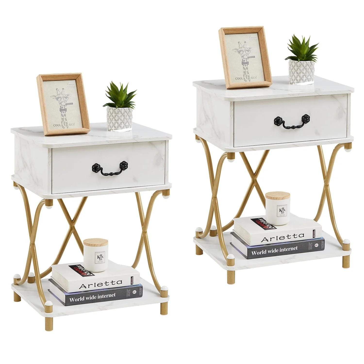 Modern 1-Drawer Nightstand with Storage Shelf, X-design End Side Table, Set of 2