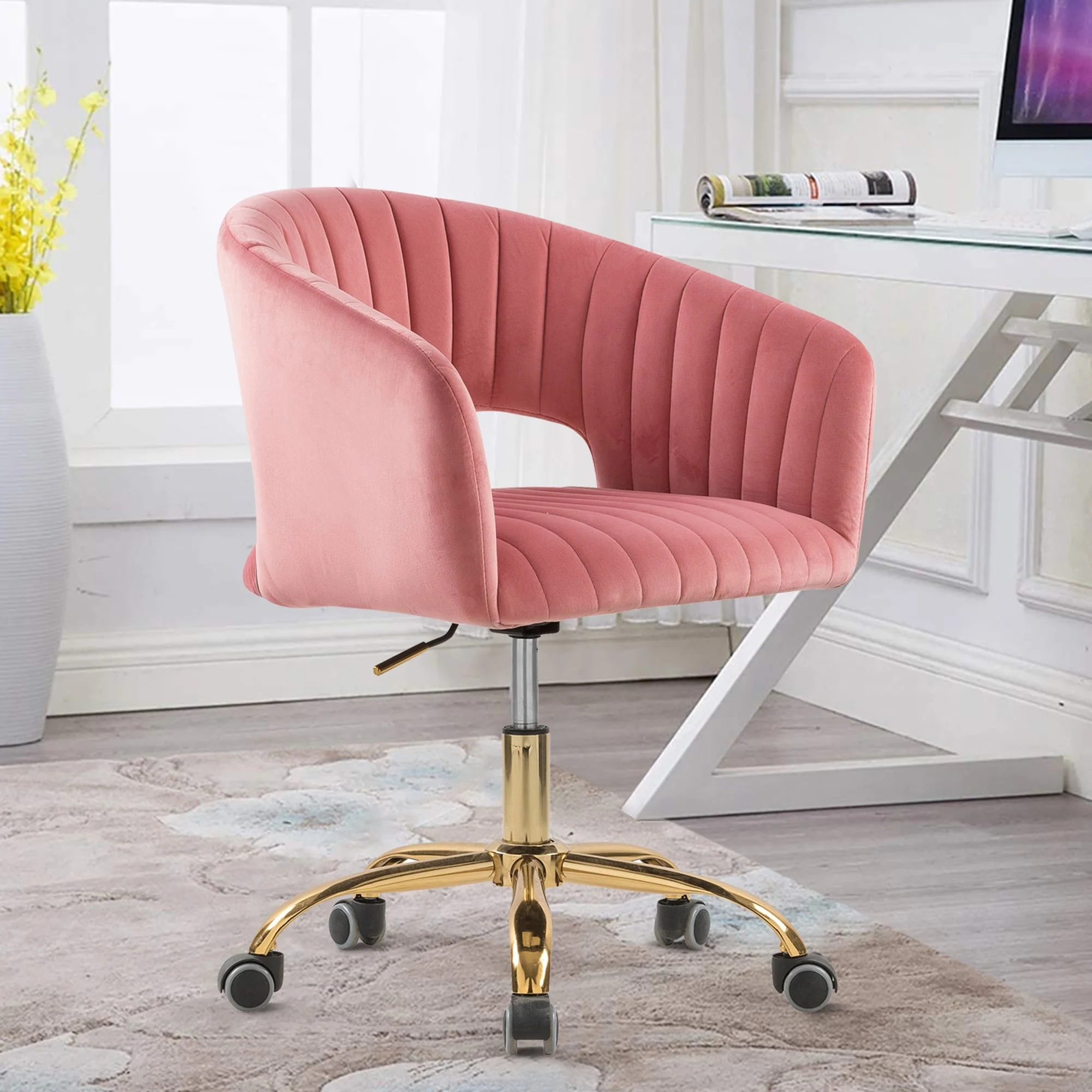 HOMEFUN Velvet Upholstered Swivel Adjustable Height Home Office Chair With Wheels