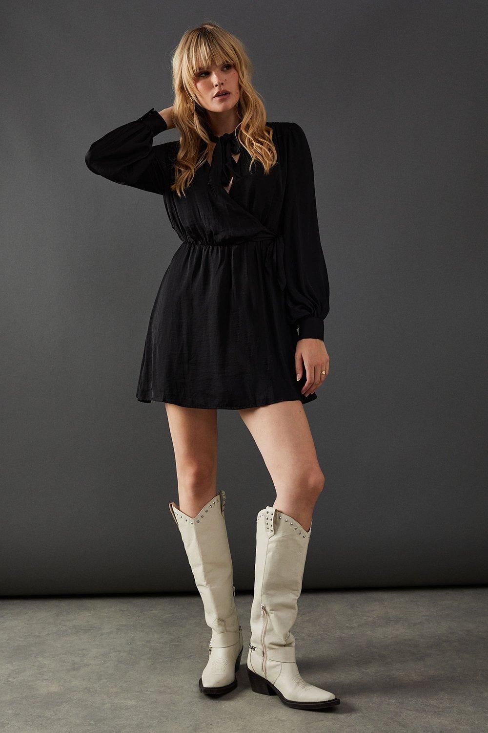 Warehouse Satin Tie Neck Flippy Mini Dress