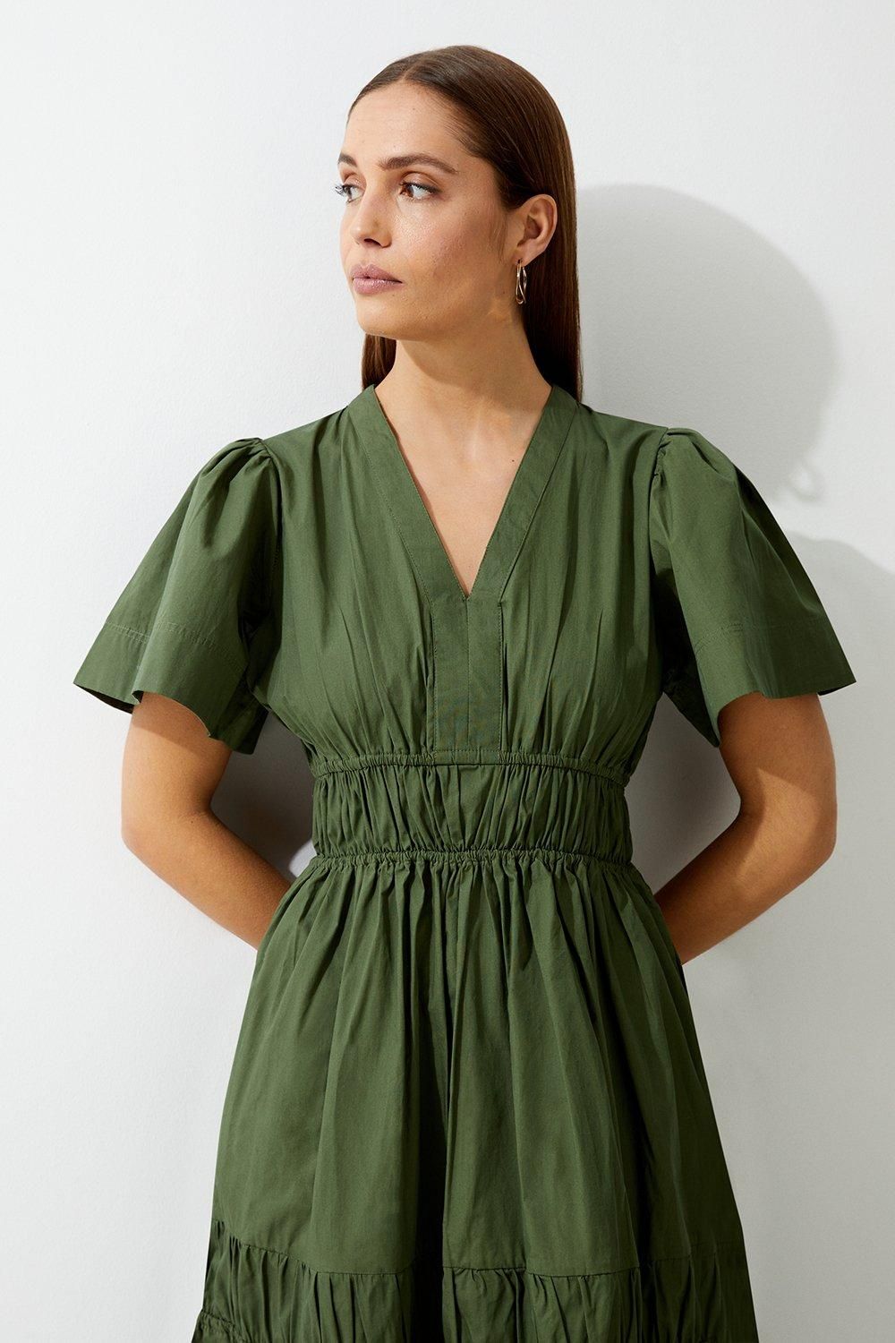 KarenMillen Cotton Woven Shirred Tiered Short Sleeve Maxi Dress