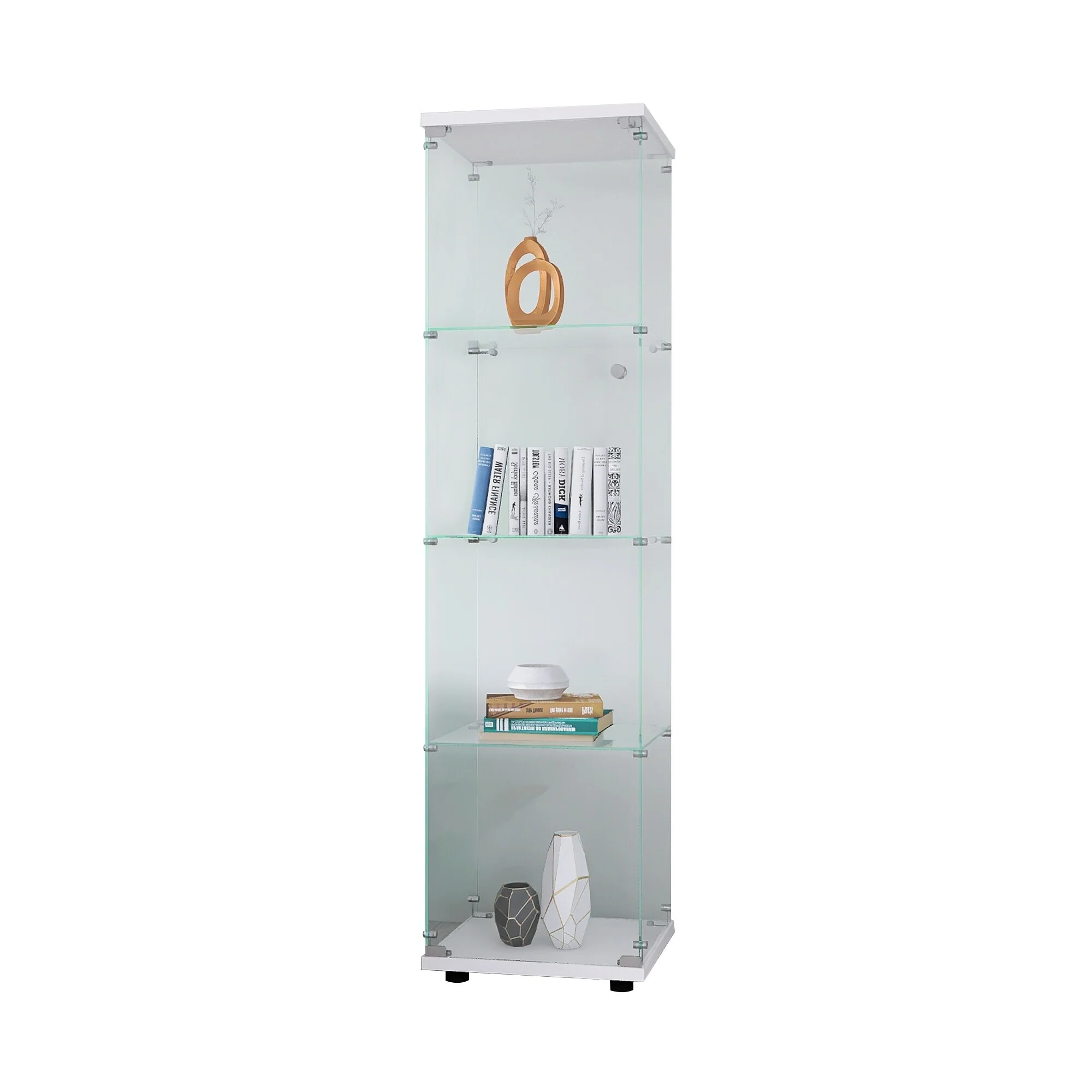 Glass Display Cabinet 4 Shelves with Door, Floor Standing Curio Bookshelf