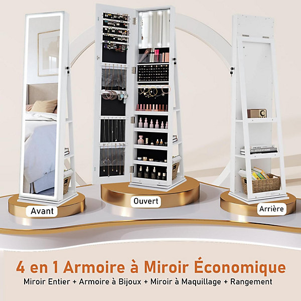 Armoire à Bijoux avec Miroir Pleine Longueur LED, Miroir Intérieur éclairé 3 Couleurs, étagères Arrière (Blanc)
