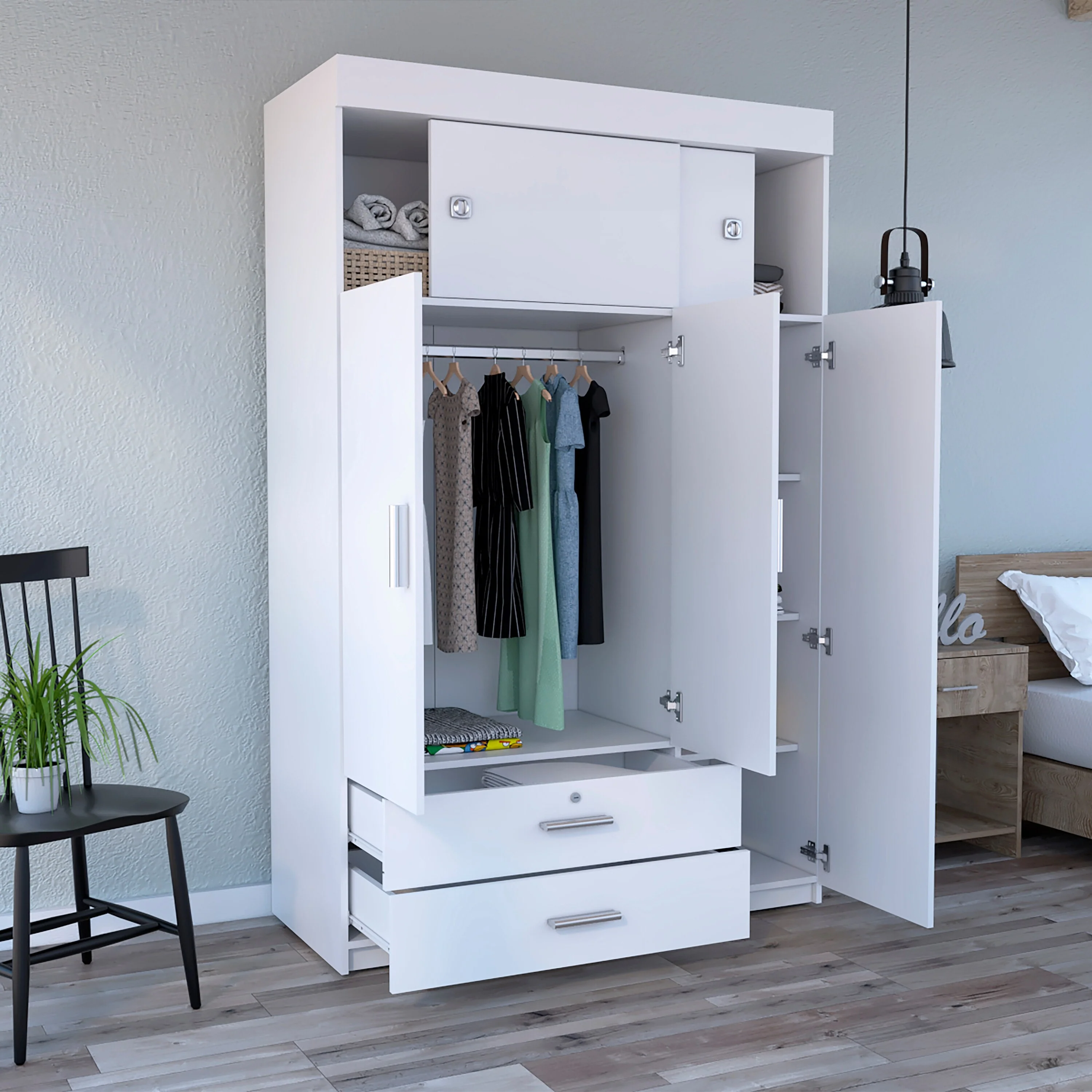 47.2 Modern Three-door Armoire with Hanging Rods, Two Drawers and Two Superior Adjustable Shelves