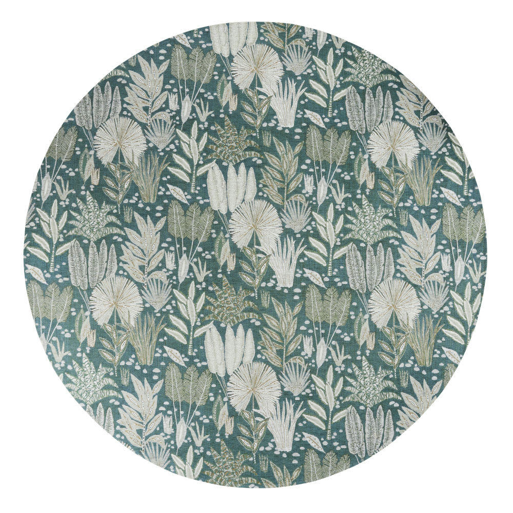 GRIMAUD - Tapis rond tissé jacquard motif floral bleu canard, écru et beige 200x200