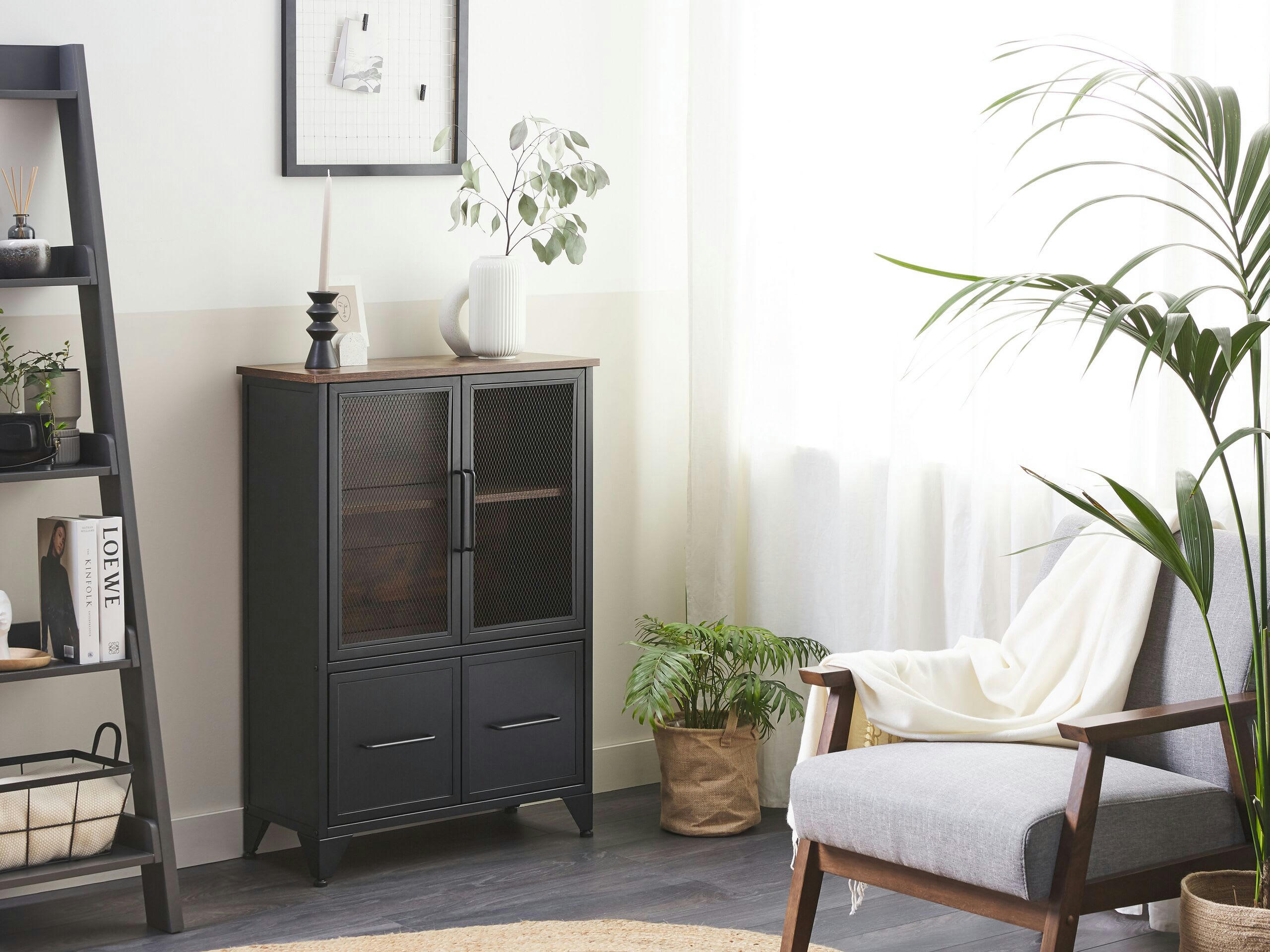 VINCE - Commode à maillage en métal 4 portes noire effet bois foncé