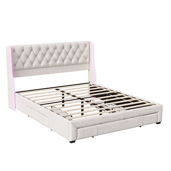 Lit Rembourré 160x200cm, lit double avec 3 tiroirs, LED, cadre de lit, velours, beige