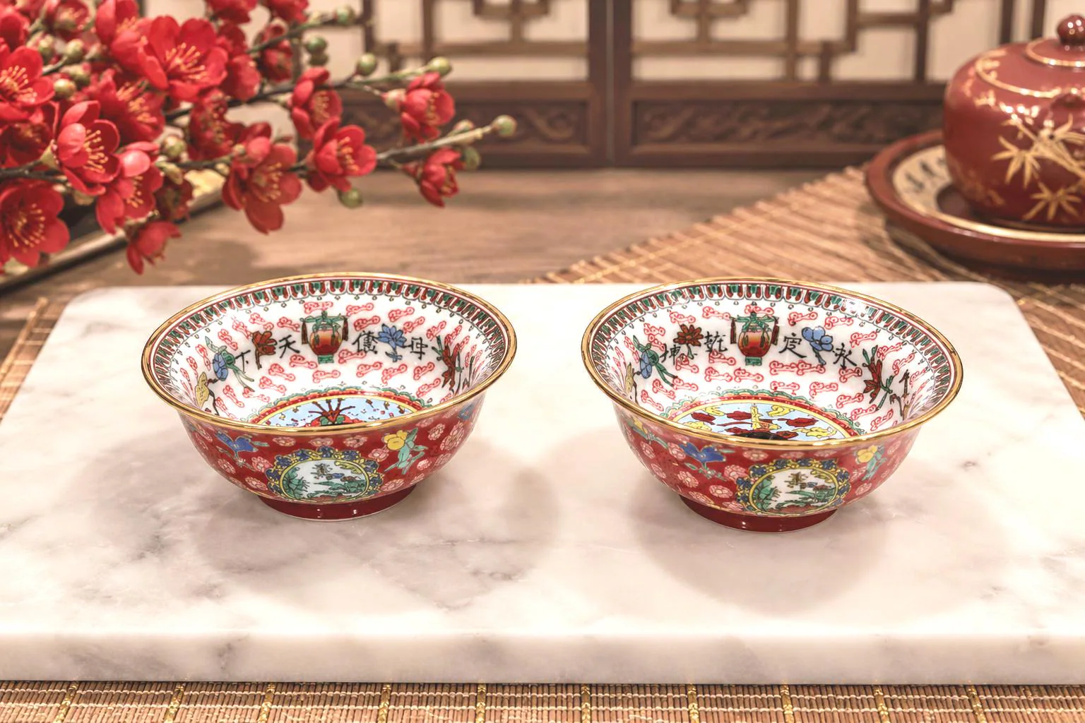Vintage Chinese Porcelain Bowls Set of 2 Hand Painted Red Famille Rose Gold Trim