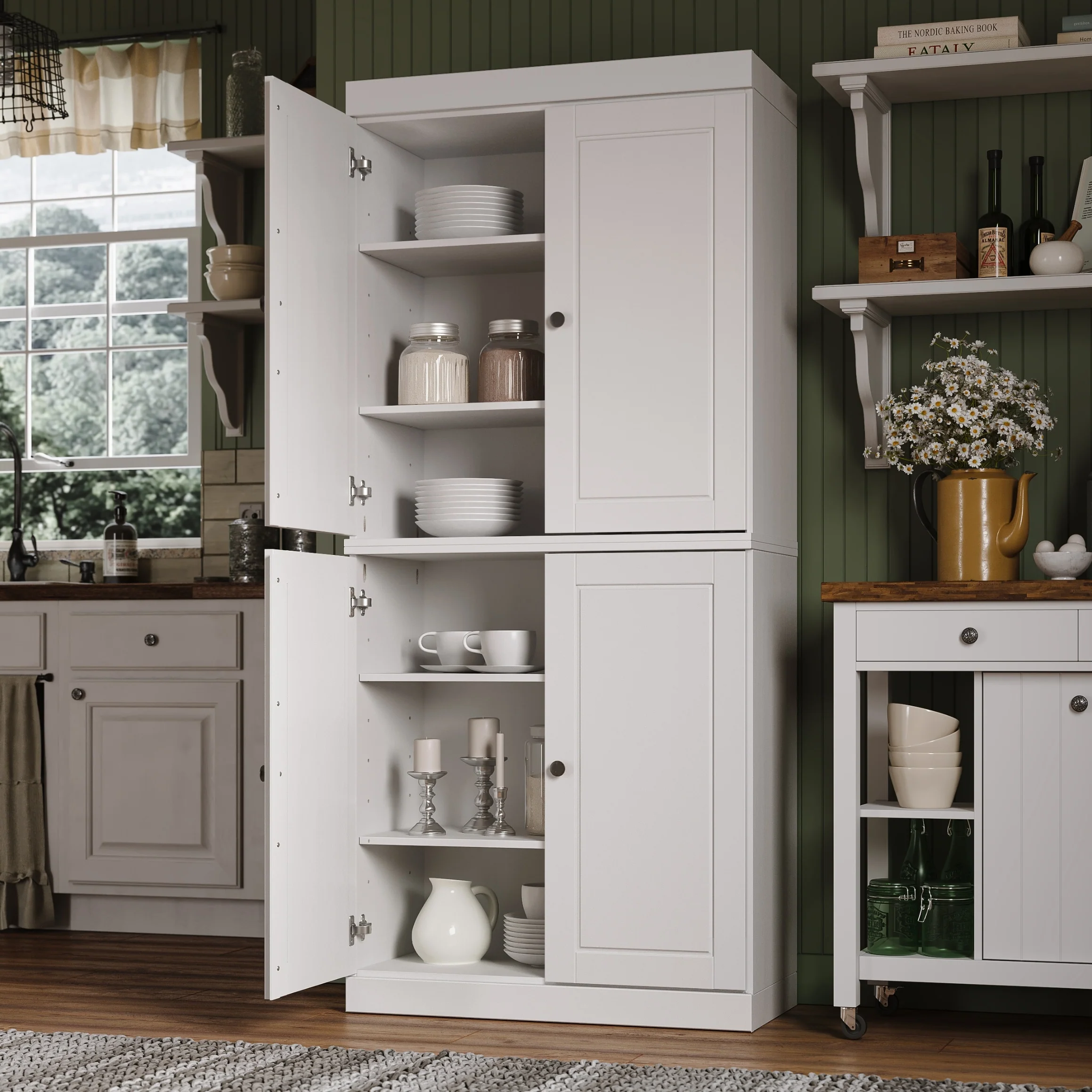 Palace Imports 100% Solid Wood Pantry Cabinet with Frosted, Clear Glass or Solid Doors and Adjustable Shelves