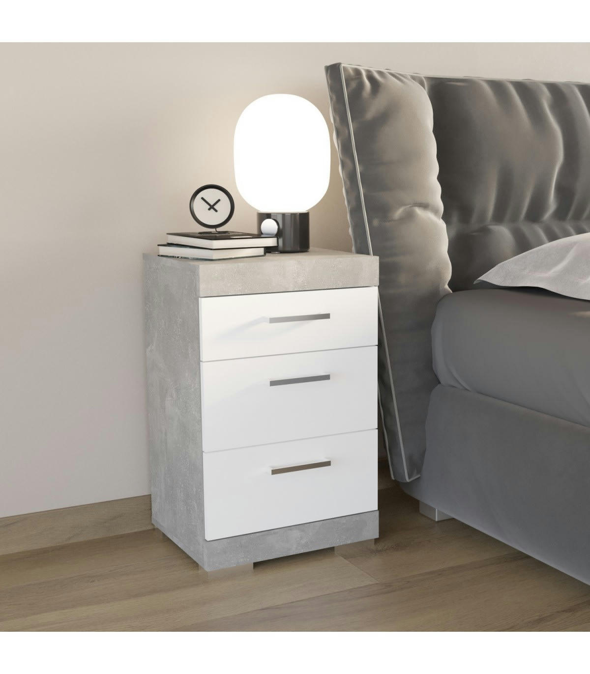BRISTOL - Table de chevet avec 3 tiroirs H64cm - Bristol - Gris béton