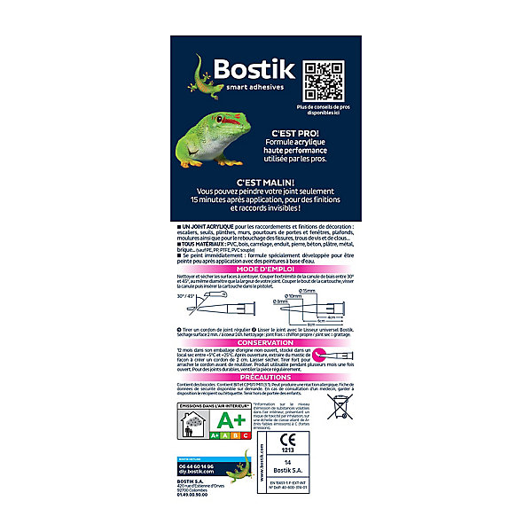 Mastic d’étanchéité spécial décoration blanc Bostik Joint Parfait tous matériaux, cartouche de 310 ml