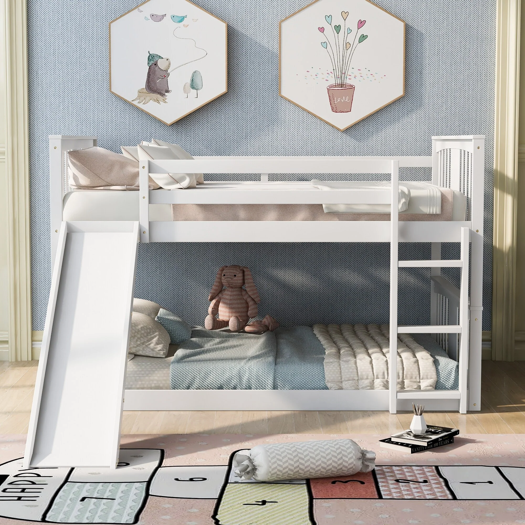 Roomfitters Full Over Full Bunk Bed with Slide and Ladder, Modern Space-Saving Twin Sleep Frame, White