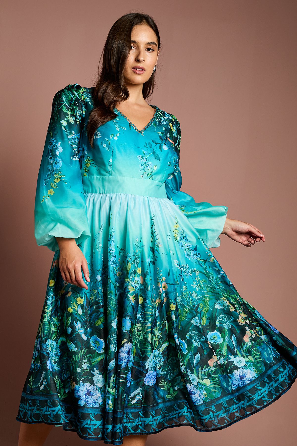 Coast Plus V Neck Long Sleeve Placement Print Organza Midi Dress