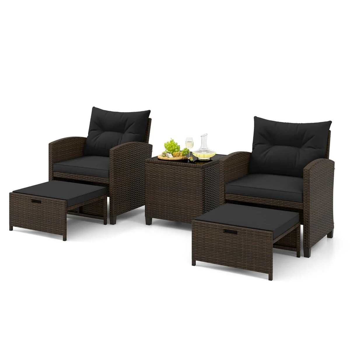 5PCS Patio Furniture Set w/ Ottoman Wicker Conversation Set w/Cushions