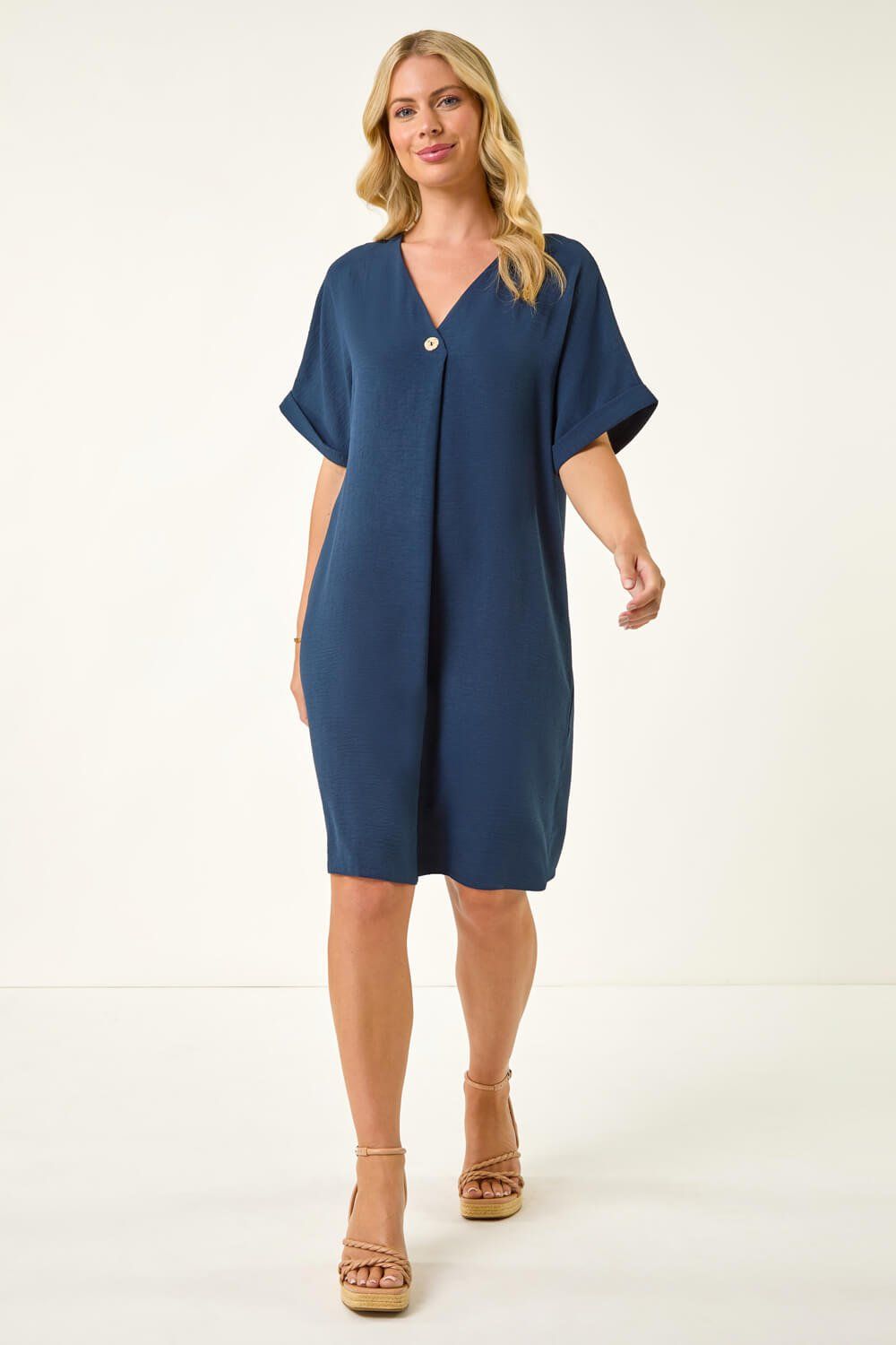 Roman Petite One Button V-Neck Dress