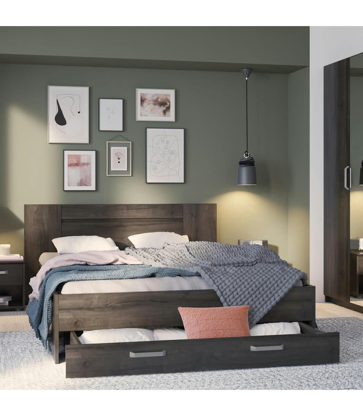 RICHMOND - Lit à Tiroir 140x190/200 cm - Décor Chêne foncé