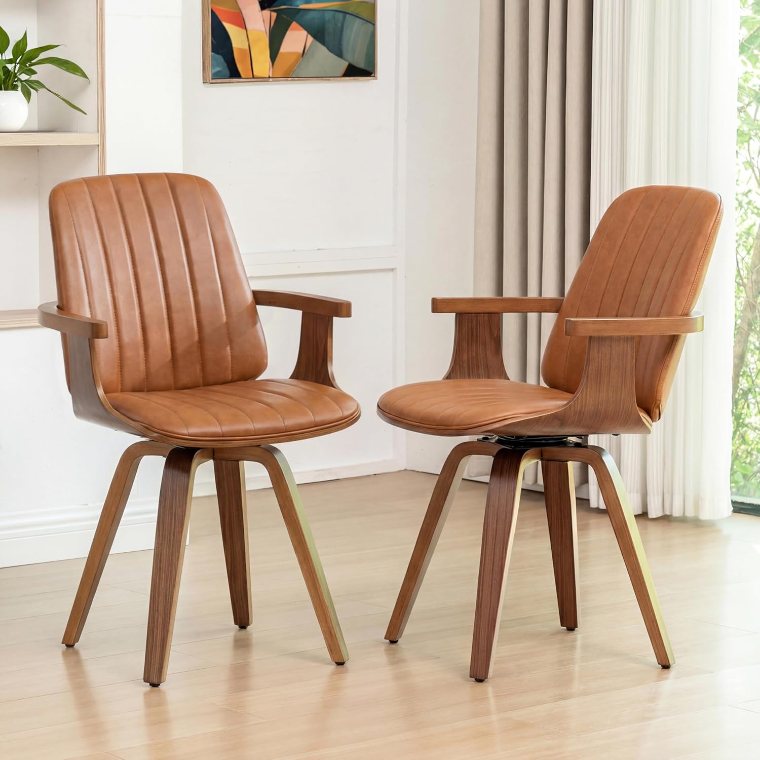WUPOTO Dining Chairs Set of 6, Mid Century Modern Dining Room Chairs, Upholstered Faux Leather Kitchen Chairs with Wooden Arms and Legs, 360 Degree Swivel (Brown, Set of 6)