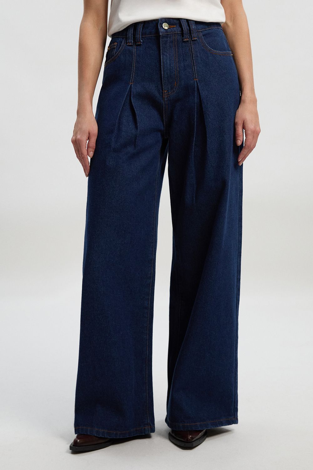 KarenMillen Denim Pleat Front Wide Leg Jeans