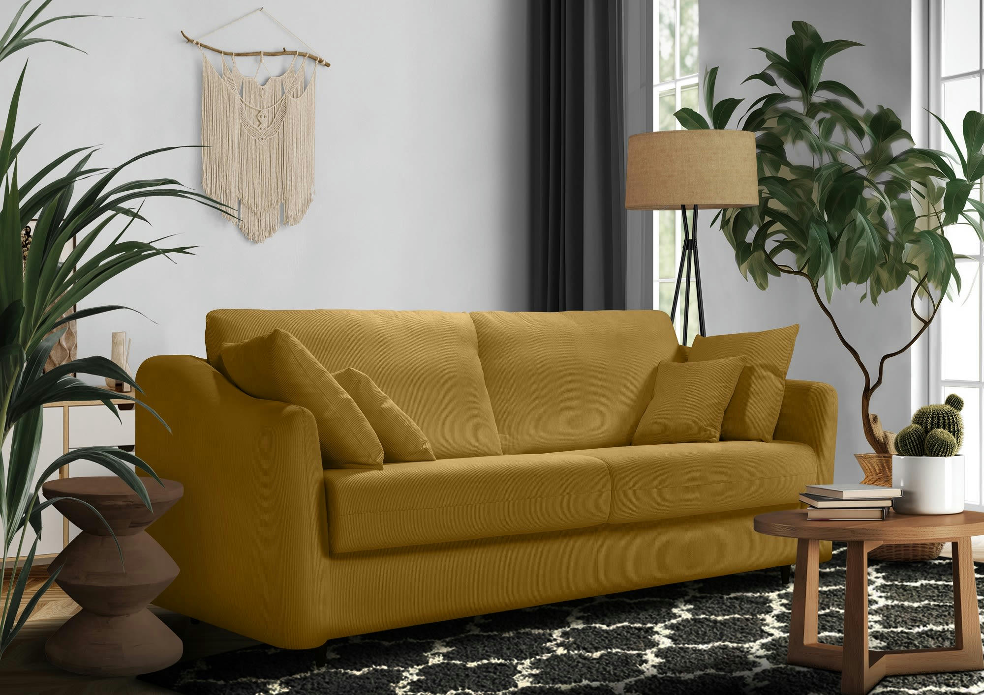 CAPELLA - Canapé droit convertible 3 places  en velours côtelé jaune