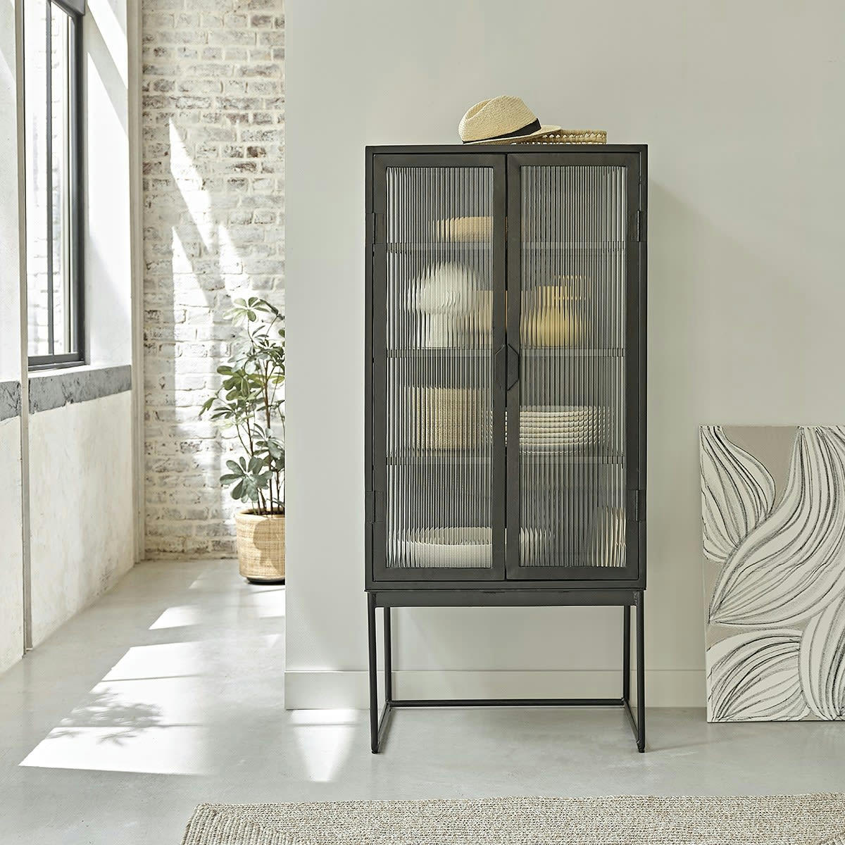 OCTAV - Buffet haut en métal et verre ondulé 70 cm