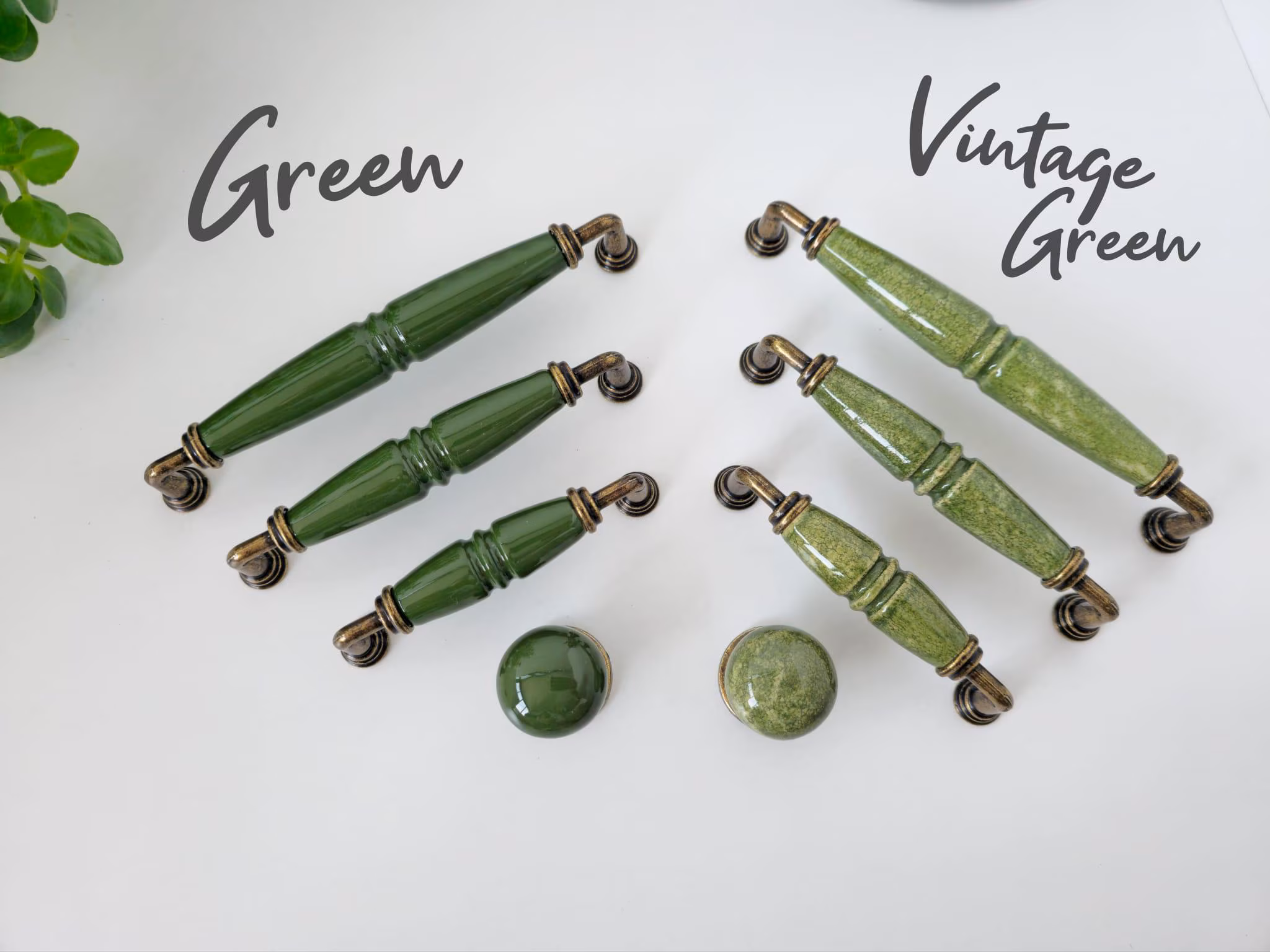 Green Porcelain Handle and Knob: Vintage Green Pull in Antique Bronze