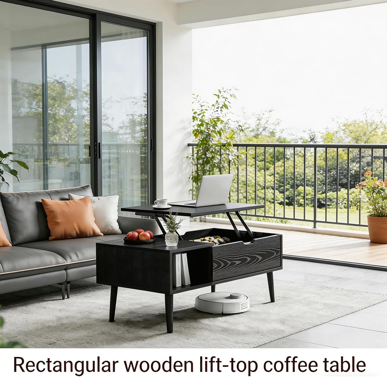 Lift Top Coffee Table, Mid Century Modern Storage Coffee Table, Center Table for Living Room with Hidden Storage and Open Shelving, Suitable for Living Room Tables, Black